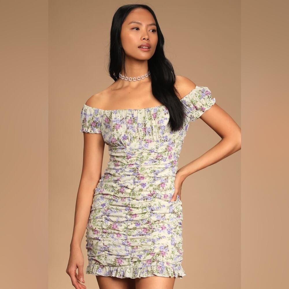Lulus Love Bloom Cream Floral Print Ruched Off-the-Shoulder Mini Dress Large - Picture 2 of 15